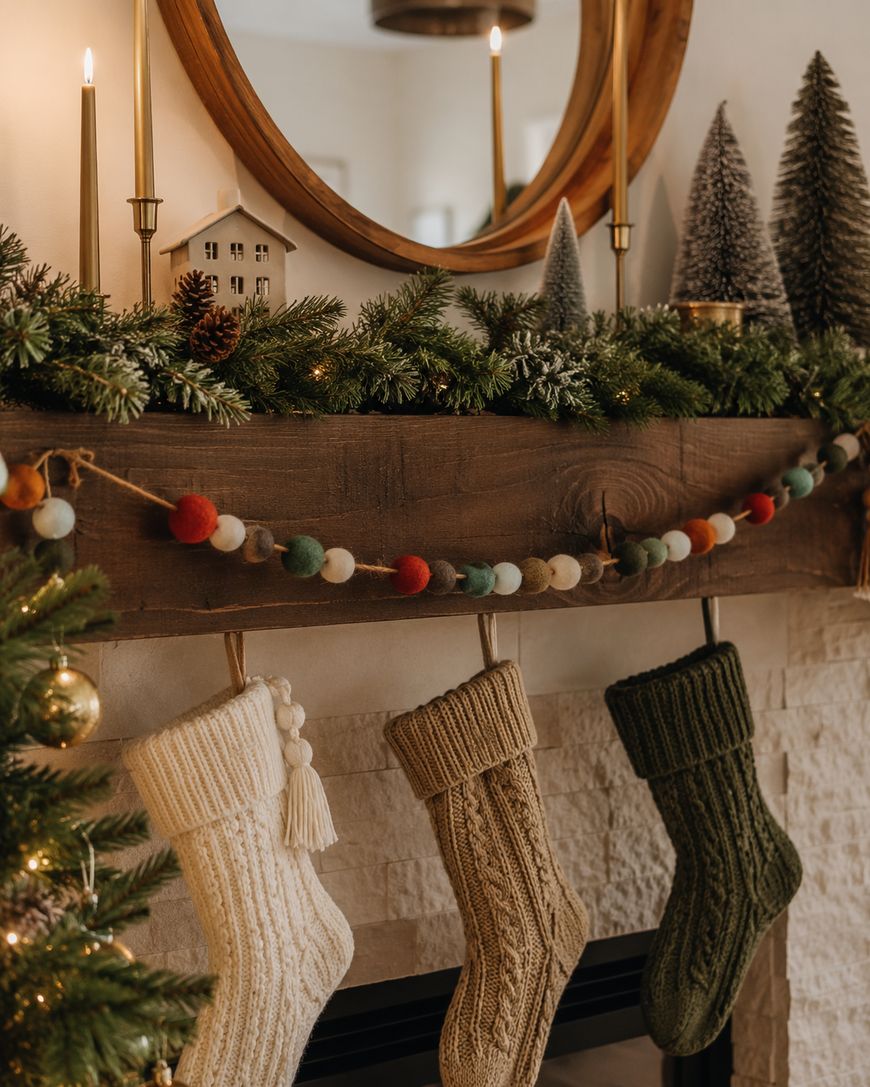 A cozy mantel decorated with evergreen branches, mini trees, candles, and garland. Three knit stockings hang below, and a Christmas tree with lights is visible on the side.