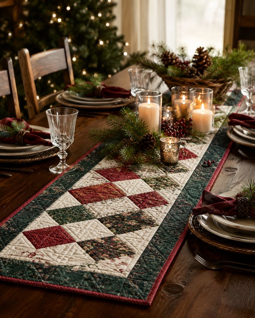A festive quilted table runner with red, green, and cream patterns decorates a wooden dining table set with plates, glasses, napkins, candles, and pine branches, creating a cozy holiday atmosphere.