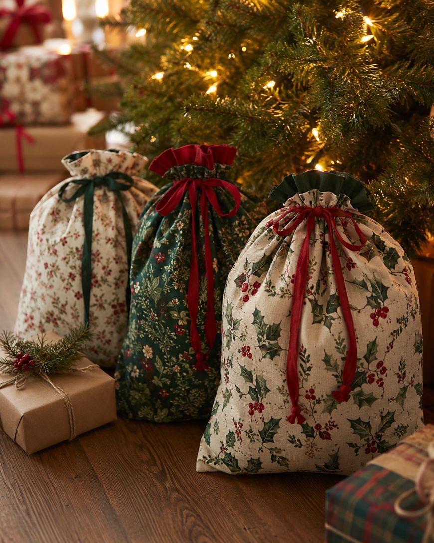 Three festive fabric gift bags with holiday patterns sit under a lit Christmas tree, surrounded by wrapped presents on a wooden floor.