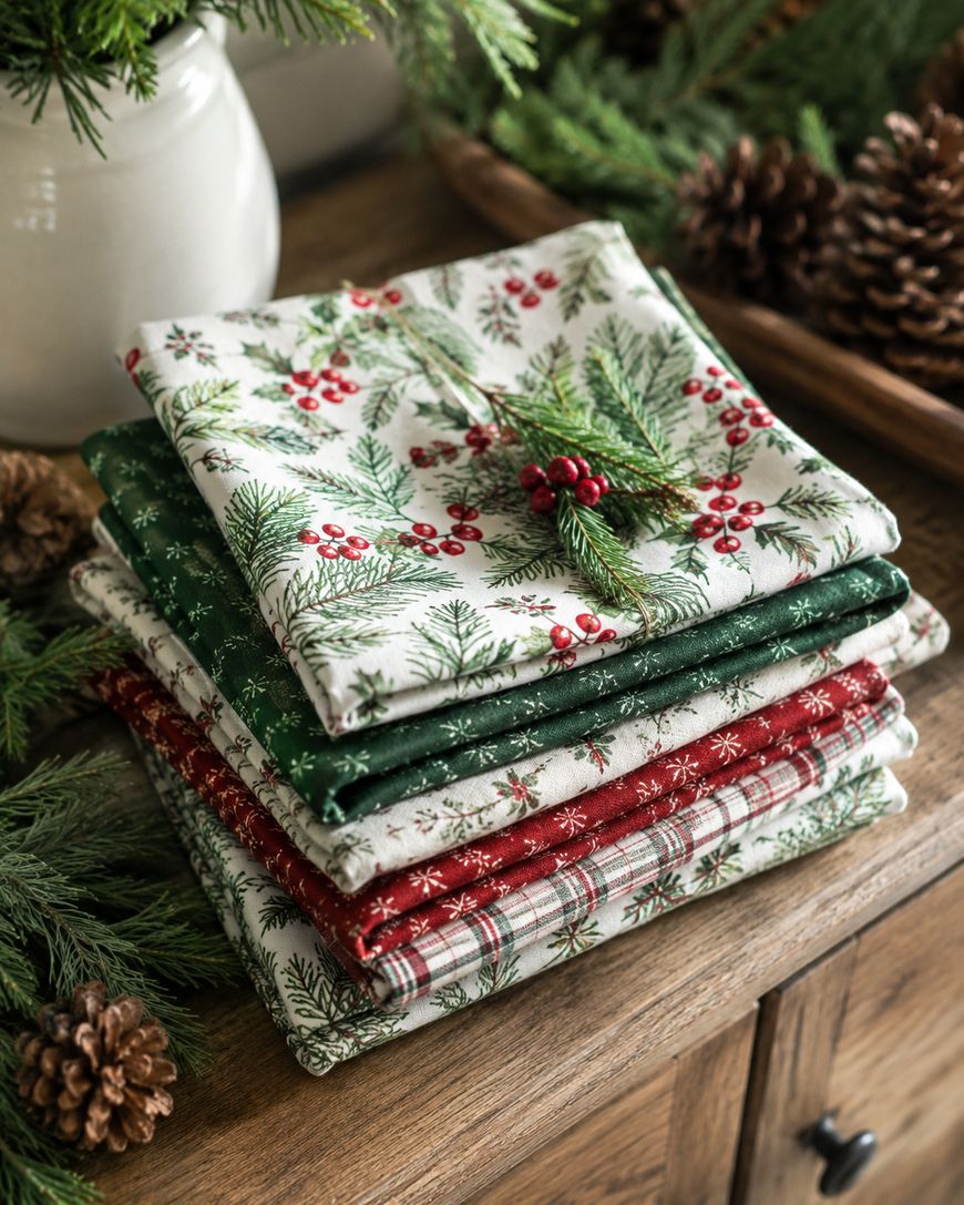 A stack of folded holiday-themed fabrics with pine, berry, and plaid patterns sits on a wooden table, surrounded by pinecones and greenery for a festive touch.