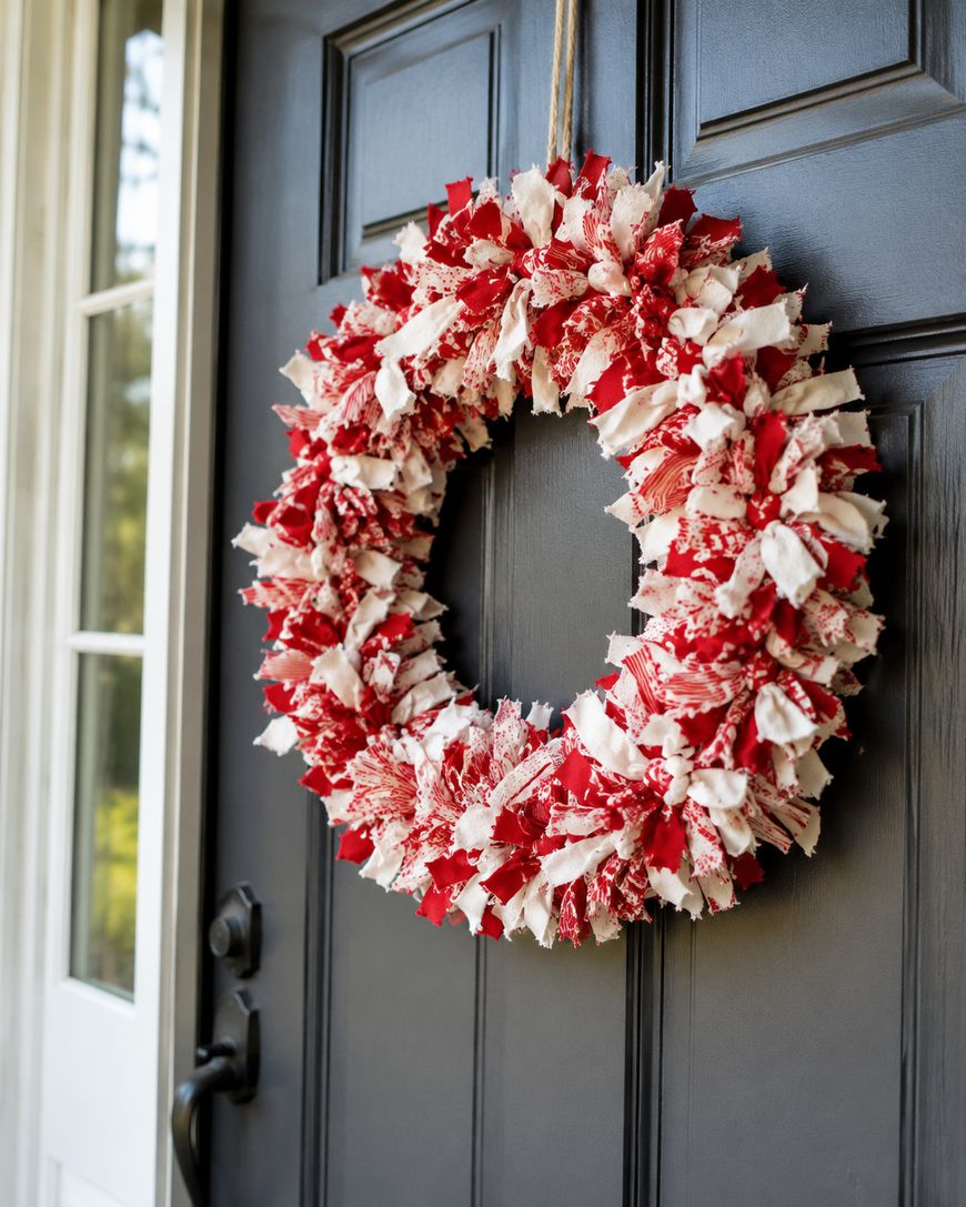 A wreath made of red and white fabric strips hangs on a dark-colored front door near a window.