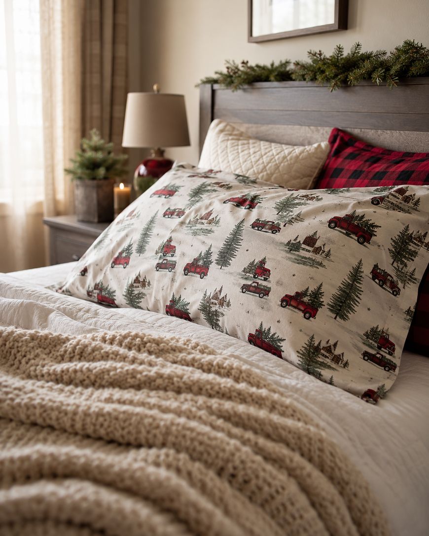 A cozy bed with a festive pillowcase featuring red trucks, Christmas trees, and cabins, topped with a knit beige blanket. Pine garland decorates the headboard; a lamp, candle, and small tree sit on the bedside table.