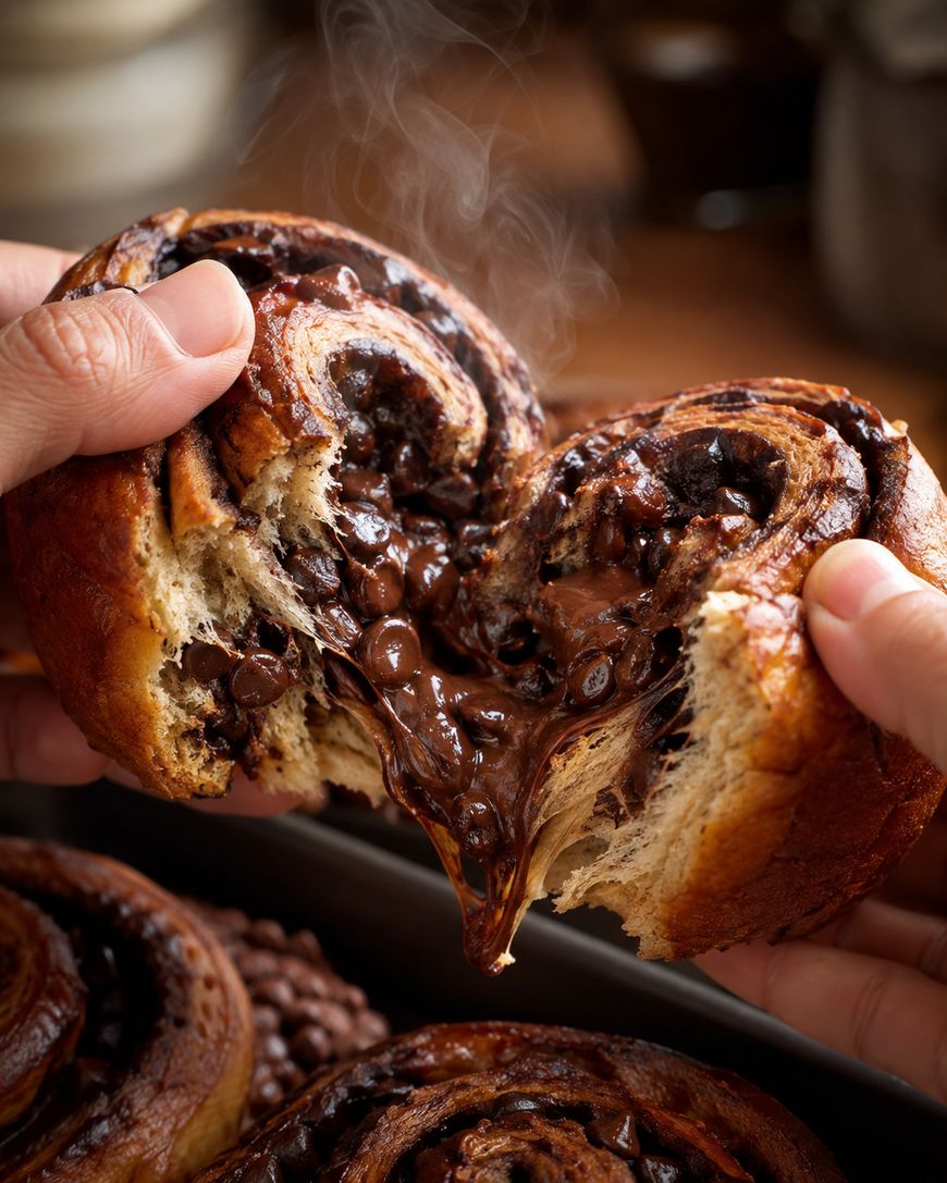 Hands pulling apart a fresh, gooey chocolate-filled pastry with melted chocolate oozing out, steam rising, and more pastries blurred in the background.