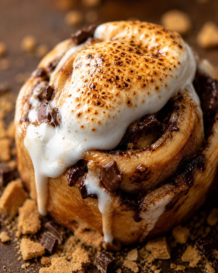 A close-up of a cinnamon roll topped with toasted, melty marshmallow and chocolate chunks, surrounded by crushed graham crackers on a dark surface.