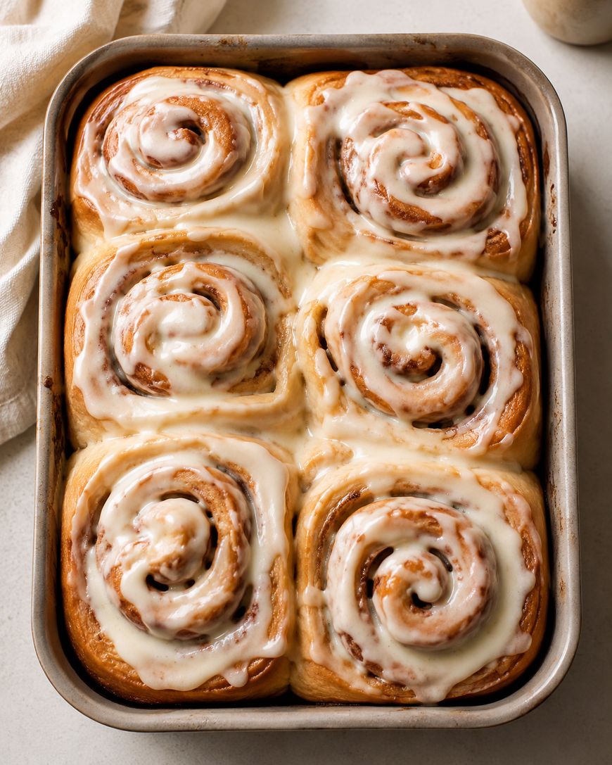 A pan of six freshly baked cinnamon rolls topped with creamy white icing, arranged closely together, with a light-colored cloth partially visible on the side.