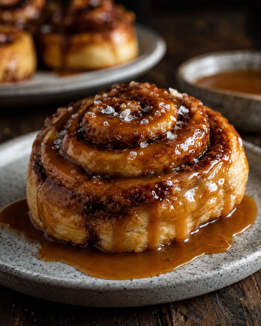 A close-up of a cinnamon roll drizzled with caramel sauce and sprinkled with flaky sea salt, served on a gray ceramic plate with extra sauce in a bowl nearby.