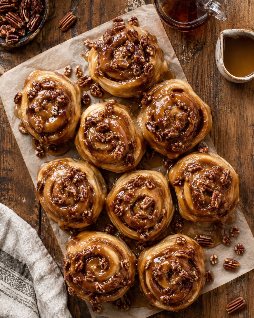 Nine sticky pecan buns with glossy caramel glaze are arranged on parchment paper atop a rustic wooden table, with a small pitcher of syrup and a bowl of pecans nearby.