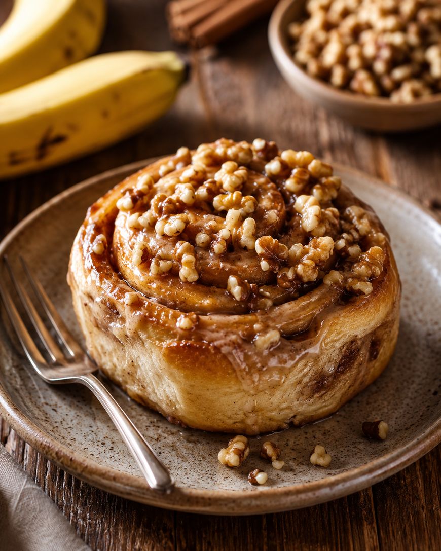 Cinnamon roll topped with chopped walnuts on a plate with a fork, bananas, and a bowl of walnuts in the background.