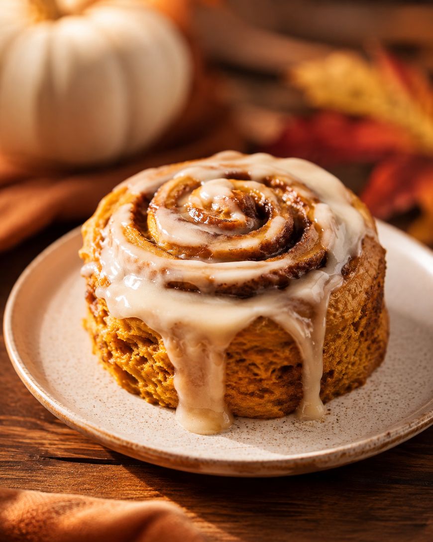 A close-up of a pumpkin cinnamon roll with creamy icing on a plate, with a blurred pumpkin and autumn leaves in the background.