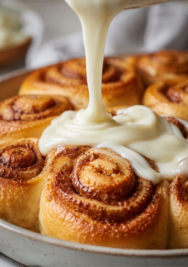 Close-up of cinnamon rolls in a pan as creamy icing is being poured over the top, highlighting the rolls golden-brown swirls and soft texture.
