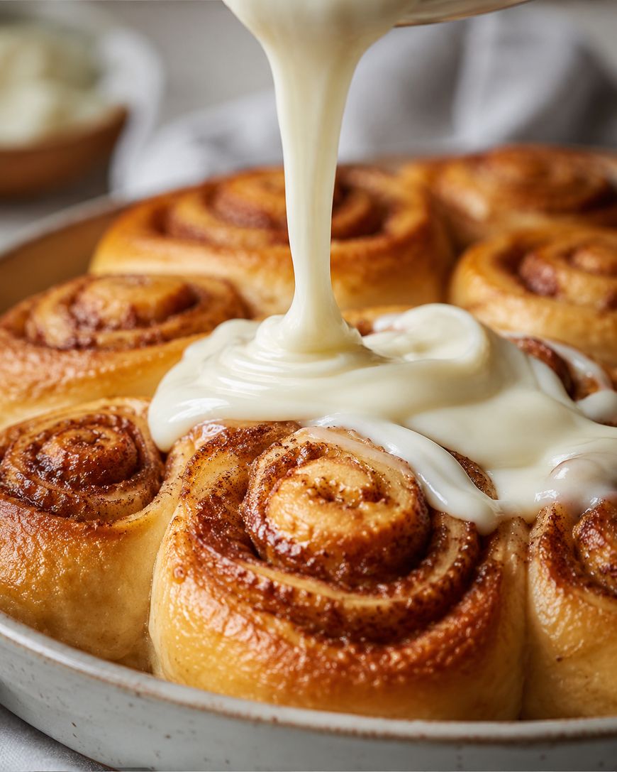 Close-up of fresh cinnamon rolls in a pan with creamy white icing being drizzled over the top.