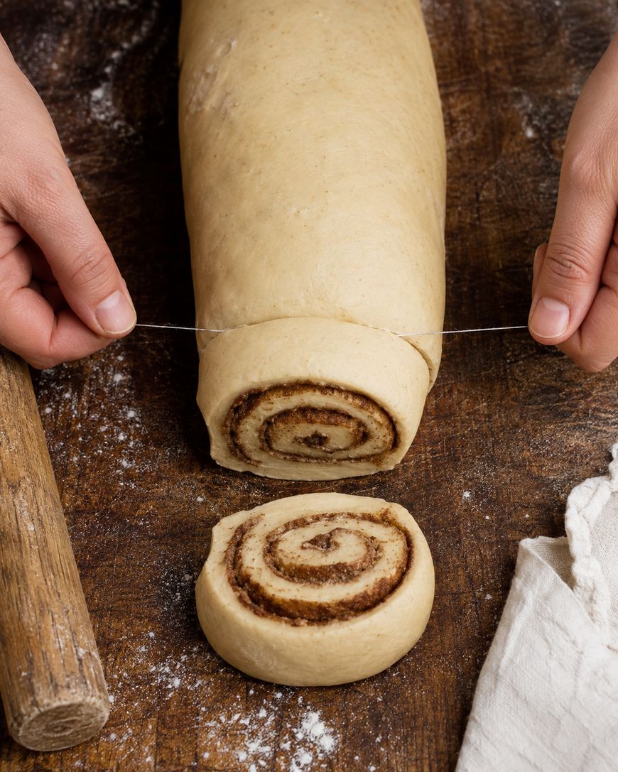 Hands use a piece of string to slice a rolled cinnamon dough log on a floured wooden surface, with a cut swirl piece in front, a rolling pin, and a white cloth nearby.