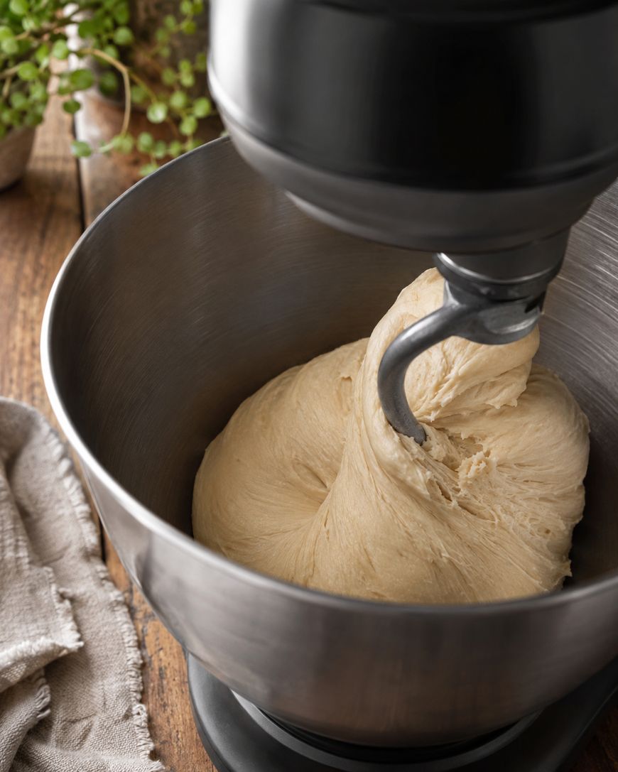 Stand mixer with a dough hook kneading bread dough in a metal bowl on a wooden surface, with a cloth and green plant nearby.
