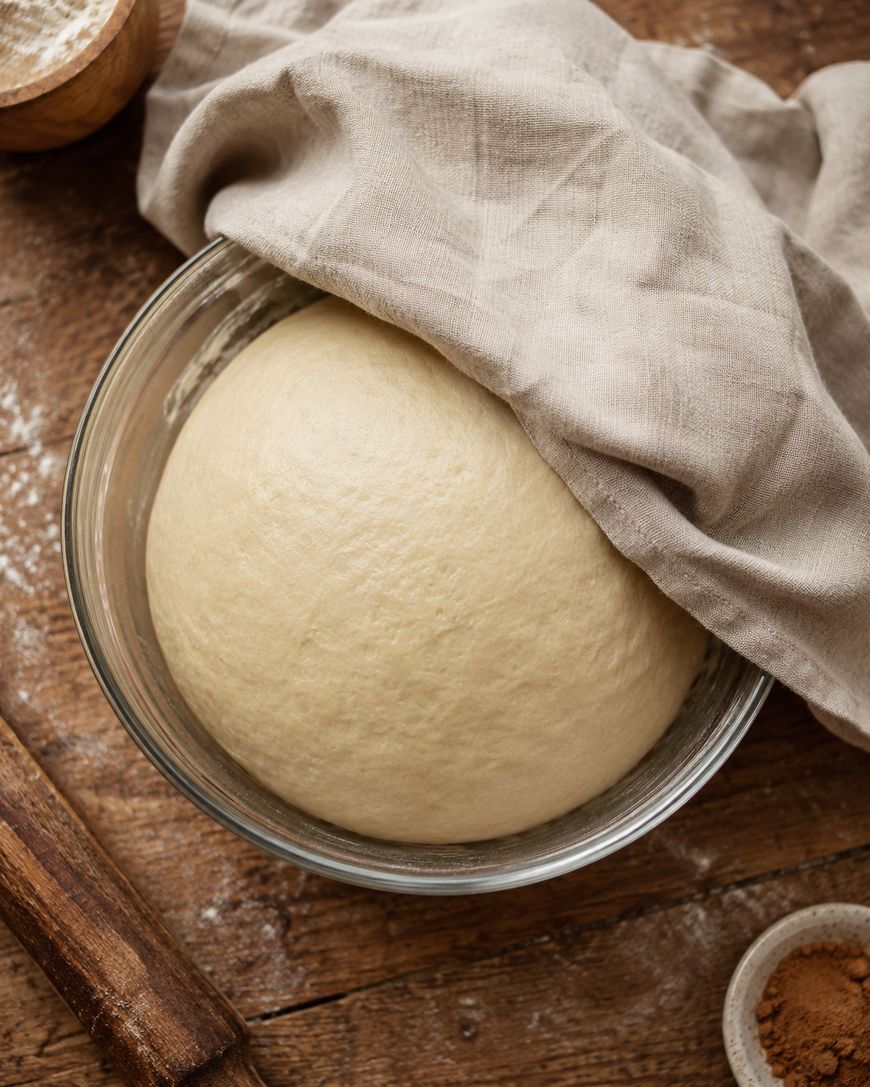 A glass bowl with risen bread dough partially covered by a beige cloth, sitting on a rustic wooden surface with a rolling pin and a small bowl of flour nearby.