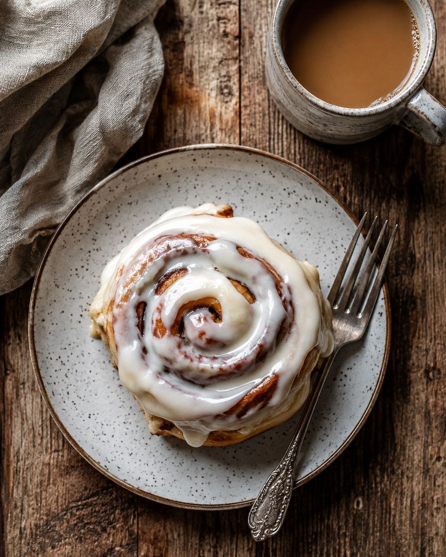 A cinnamon roll with white icing on a plate, a fork beside it, and a mug of coffee on a rustic wooden table.
