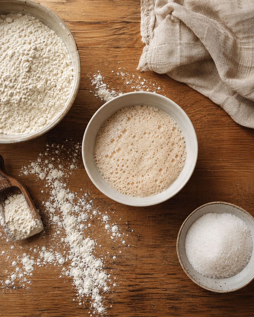 Three bowls with flour, bubbly yeast mixture, and sugar on a wooden table, with a cloth in the corner and some spilled flour scattered around.