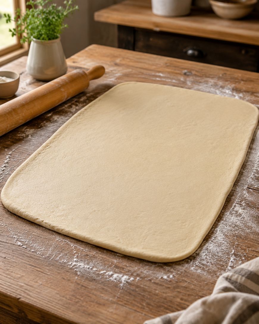 A rectangle of rolled-out dough on a floured wooden table, with a rolling pin, a small potted plant, and kitchen items in the background.