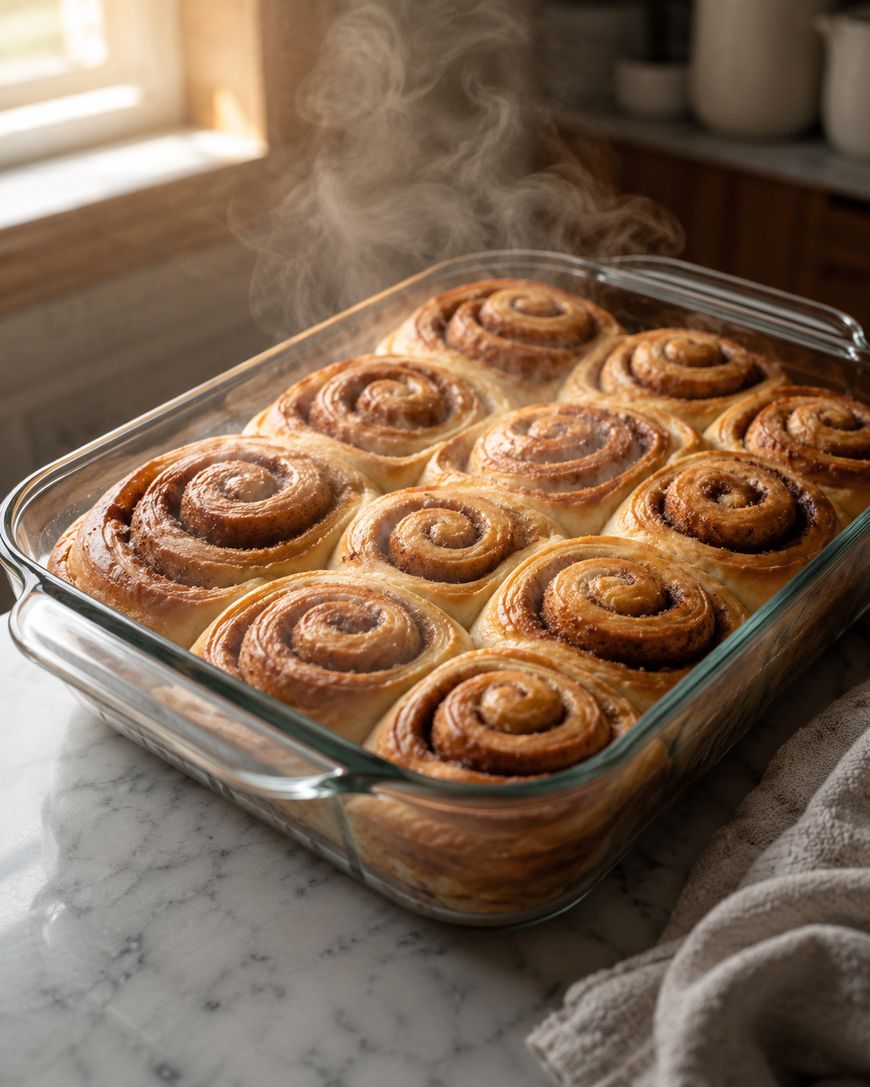 A glass baking dish filled with freshly baked, steaming cinnamon rolls sits on a marble countertop near a window.