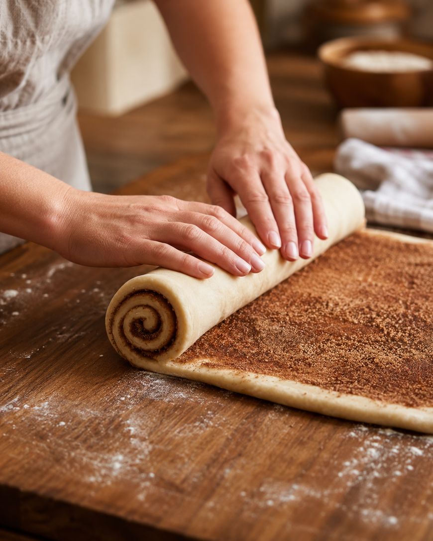 A person rolls up cinnamon dough on a floured wooden surface, preparing homemade cinnamon rolls.