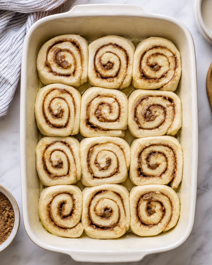 A rectangular baking dish filled with twelve unbaked cinnamon rolls, arranged in three rows of four, with visible cinnamon swirls on top. A striped towel and small bowl of brown sugar are nearby.