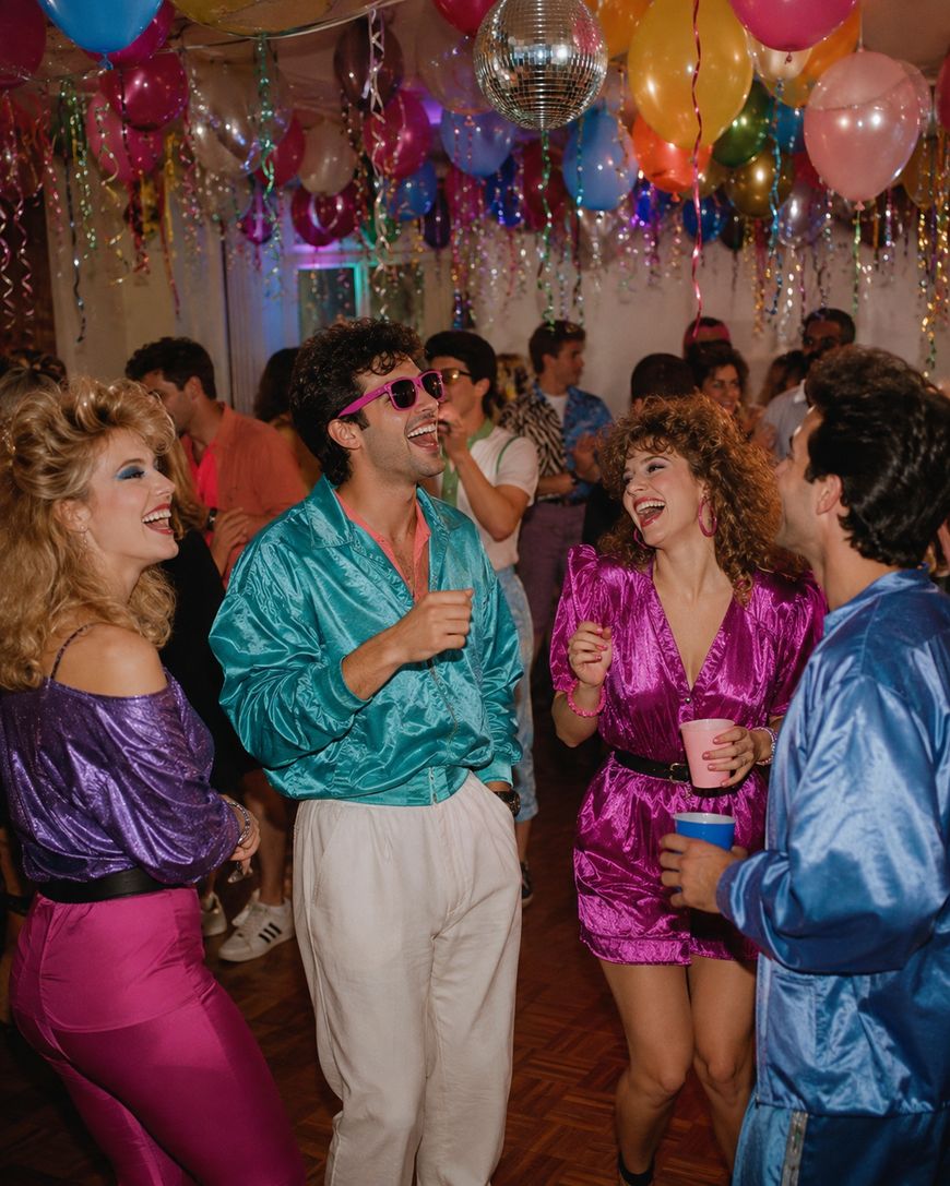 People in colorful, shiny 80s outfits laugh and talk at a lively party with balloons, streamers, and a disco ball overhead. Some hold drinks and wear sunglasses, capturing a festive retro atmosphere.