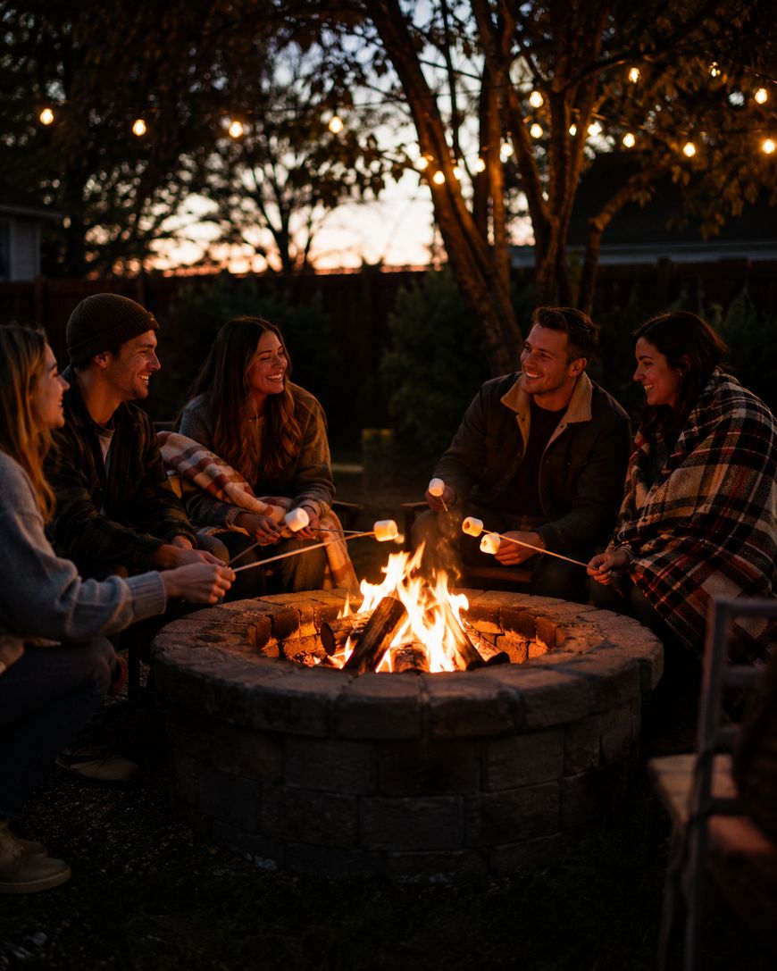 Five people sit around a fire pit at dusk, roasting marshmallows on sticks and smiling. String lights hang in the background, and some are wrapped in blankets under trees.