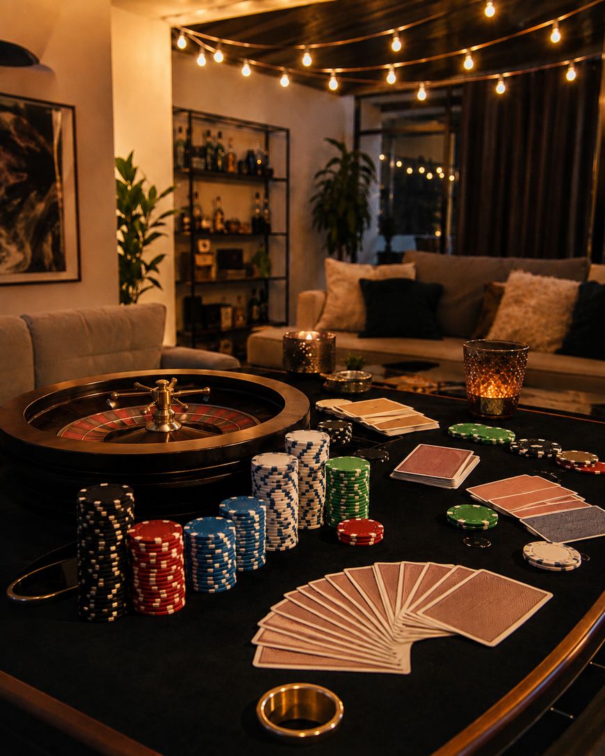 A roulette wheel, poker chips, playing cards, and drinks are arranged on a casino table in a cozy, warmly lit living room with string lights and modern decor.