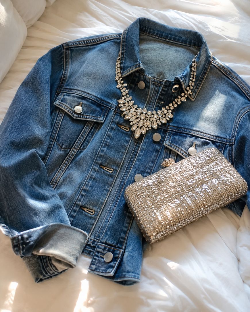 A blue denim jacket, a sparkly statement necklace, and a glittery gold clutch are laid out on a white bedsheet with sunlight shining on them.
