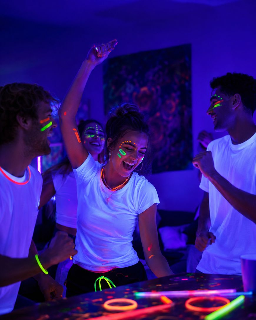 Four people wearing white shirts dance at a neon glow party with fluorescent paint on their faces and arms, illuminated by blacklights in a dark room.