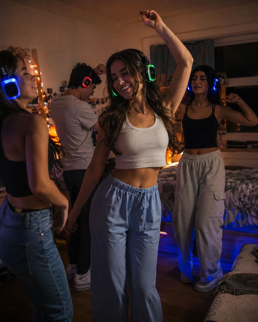 Four young adults wearing light-up headphones dance in a cozy, dimly lit bedroom decorated with string lights and photos, enjoying a silent disco together.