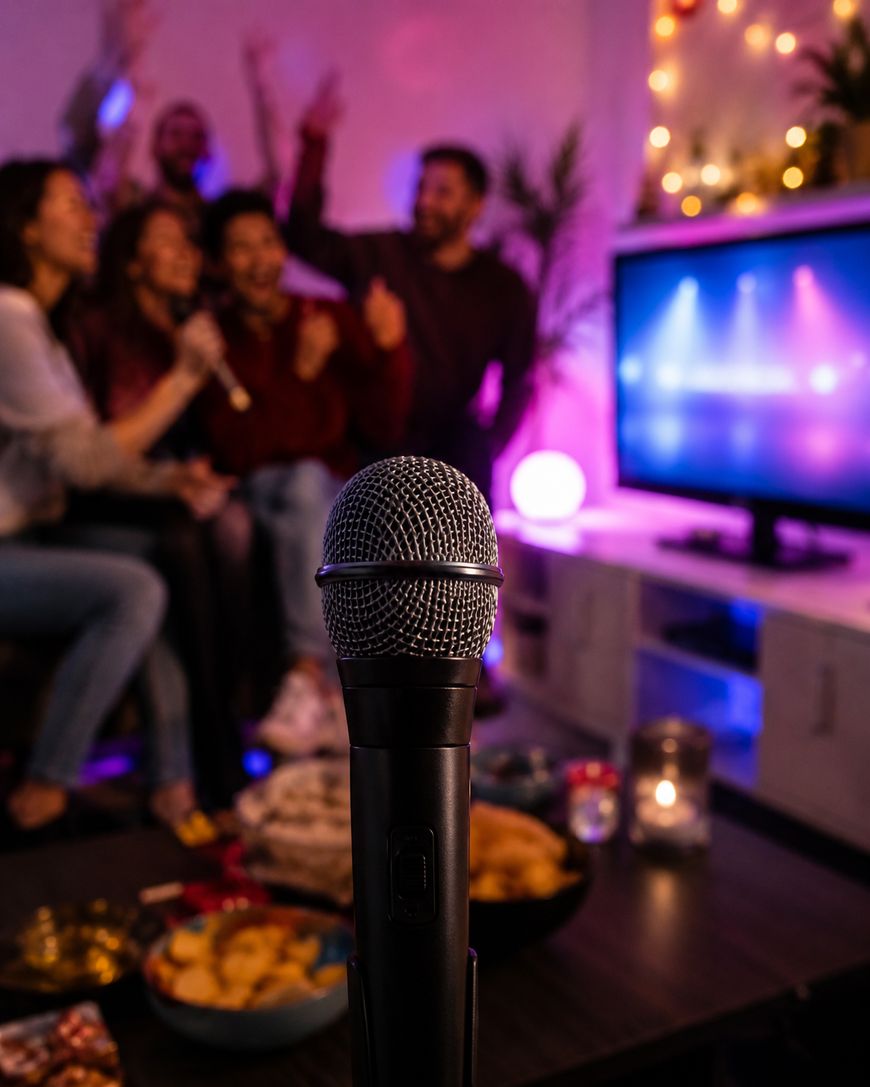 Close-up of a microphone with a group of people in the background, sitting on a couch, smiling and possibly singing karaoke. A TV with colorful lights and snacks on the table are visible.