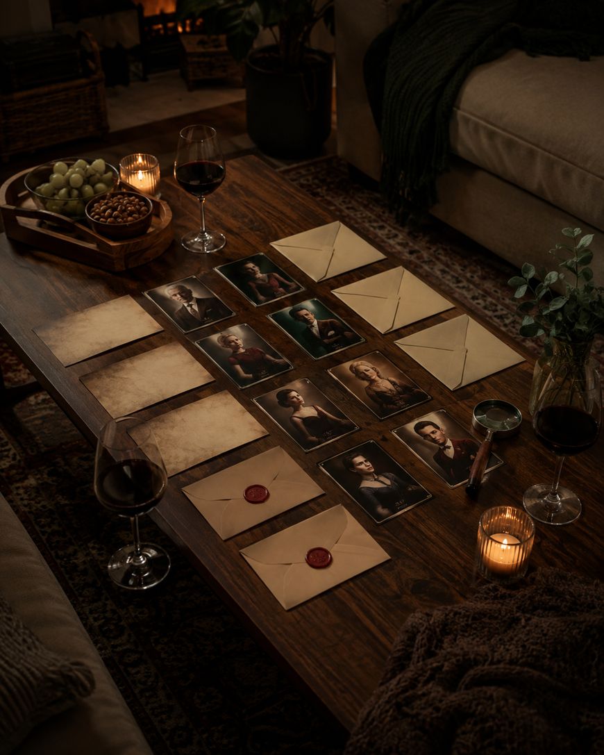 A cozy room with a wooden table set with vintage photos, sealed and unsealed envelopes, two glasses of red wine, grapes, nuts, a candle, and a magnifying glass; the scene is softly lit and inviting.