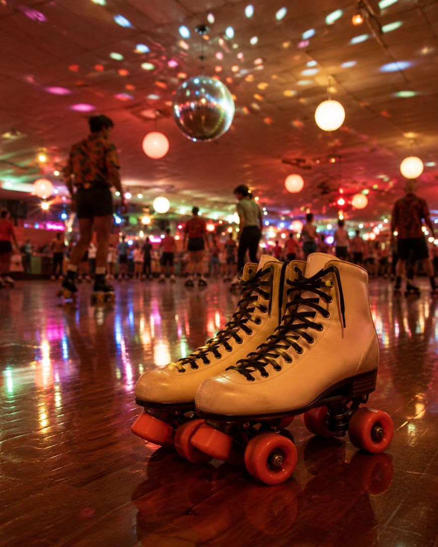 A pair of white roller skates with orange wheels sits on a shiny rink floor. People skate in the background under colorful disco lights and a disco ball.