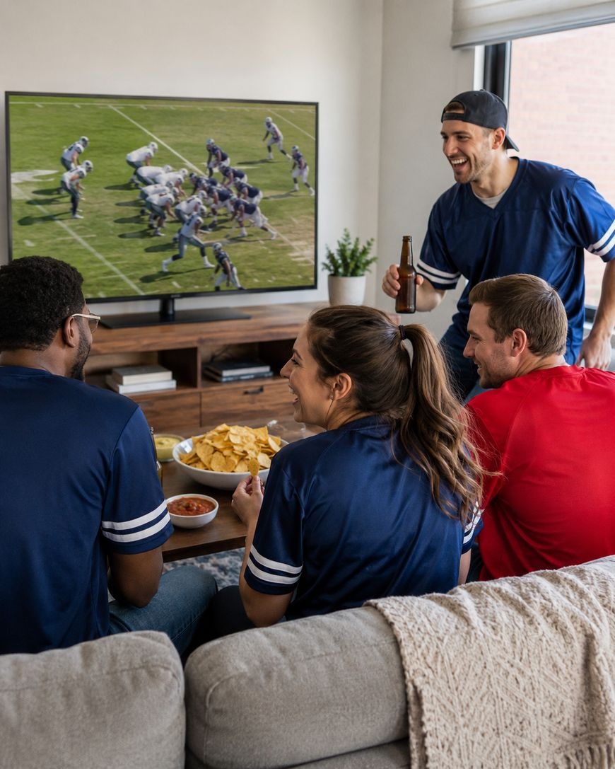 Four friends watch a football game on TV, wearing jerseys. Three sit on a couch with snacks, while one stands holding a drink, smiling. The atmosphere appears lively and cheerful in a cozy living room.
