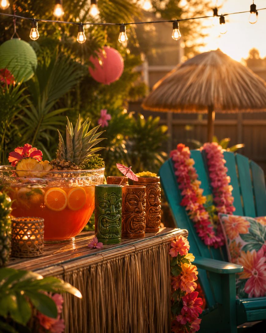 A tropical tiki bar setup with a punch bowl, colorful tiki mugs, string lights, leis, and a blue chair under a straw umbrella, surrounded by lush plants and vibrant decor at sunset.