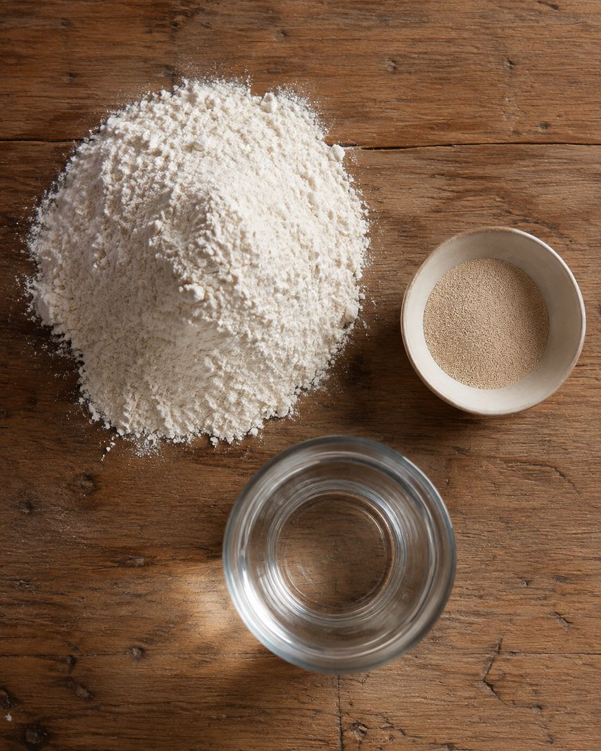 A pile of flour, a small bowl of dry yeast, and a glass of water are arranged on a wooden surface.