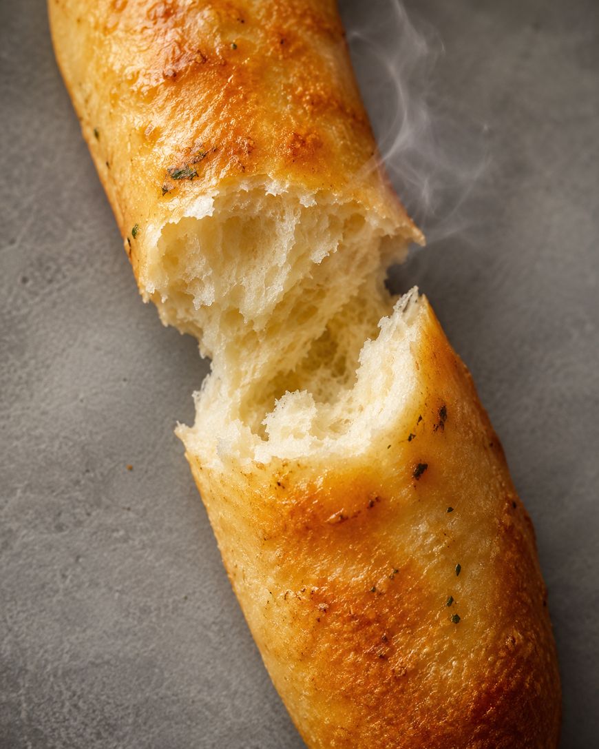 A steaming, golden-brown baguette is broken in half, revealing its soft, fluffy interior. The crust is shiny with a hint of herbs, and the bread sits on a gray surface.