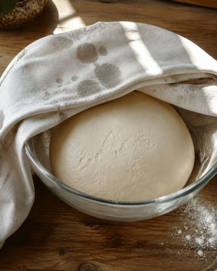 A glass bowl with risen dough covered by a cloth sits on a wooden surface, with a dusting of flour nearby and spots on the cloth from moisture.