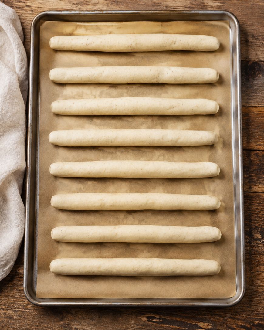 Eight evenly spaced, unbaked baguette-shaped dough logs on a parchment-lined baking sheet, resting on a wooden table next to a white cloth.