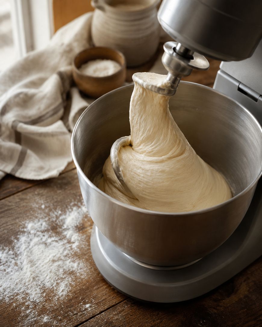 A stand mixer kneads bread dough in a metal bowl on a wooden table, with flour scattered nearby and bowls of flour in the background.