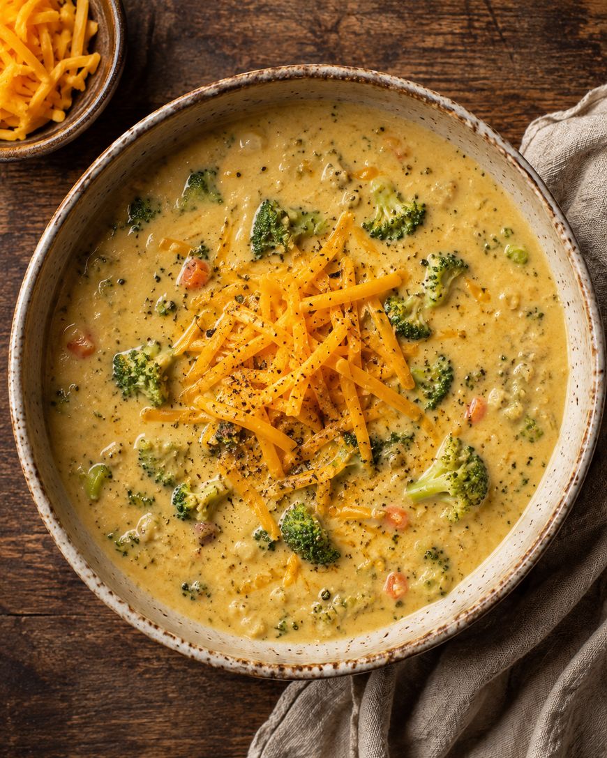 A bowl of creamy broccoli cheddar soup garnished with shredded cheddar cheese and black pepper, sitting on a wooden table next to a beige napkin and a small dish of extra cheese.
