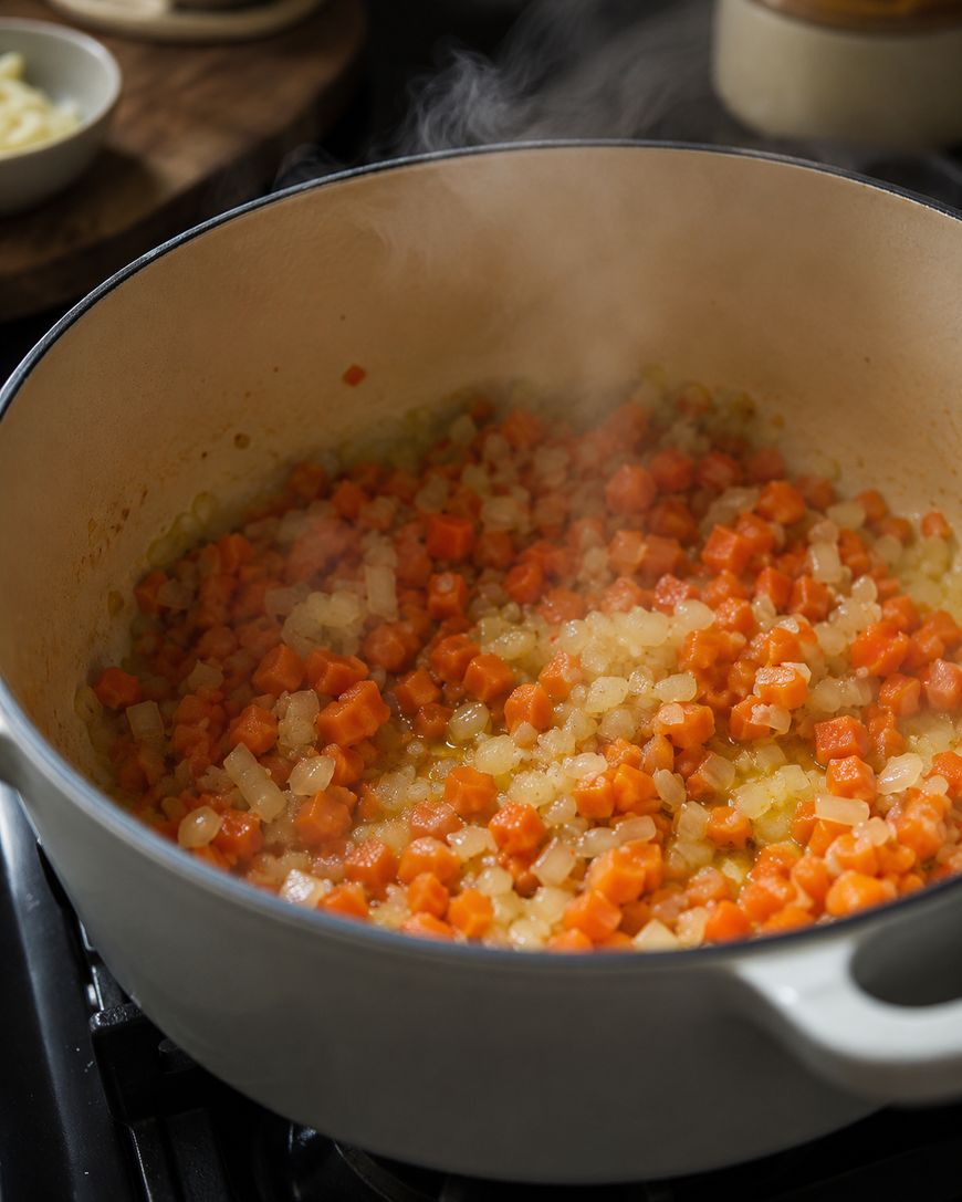 Diced carrots and onions are sautéing in a large white pot on a stovetop, with visible steam rising from the vegetables.