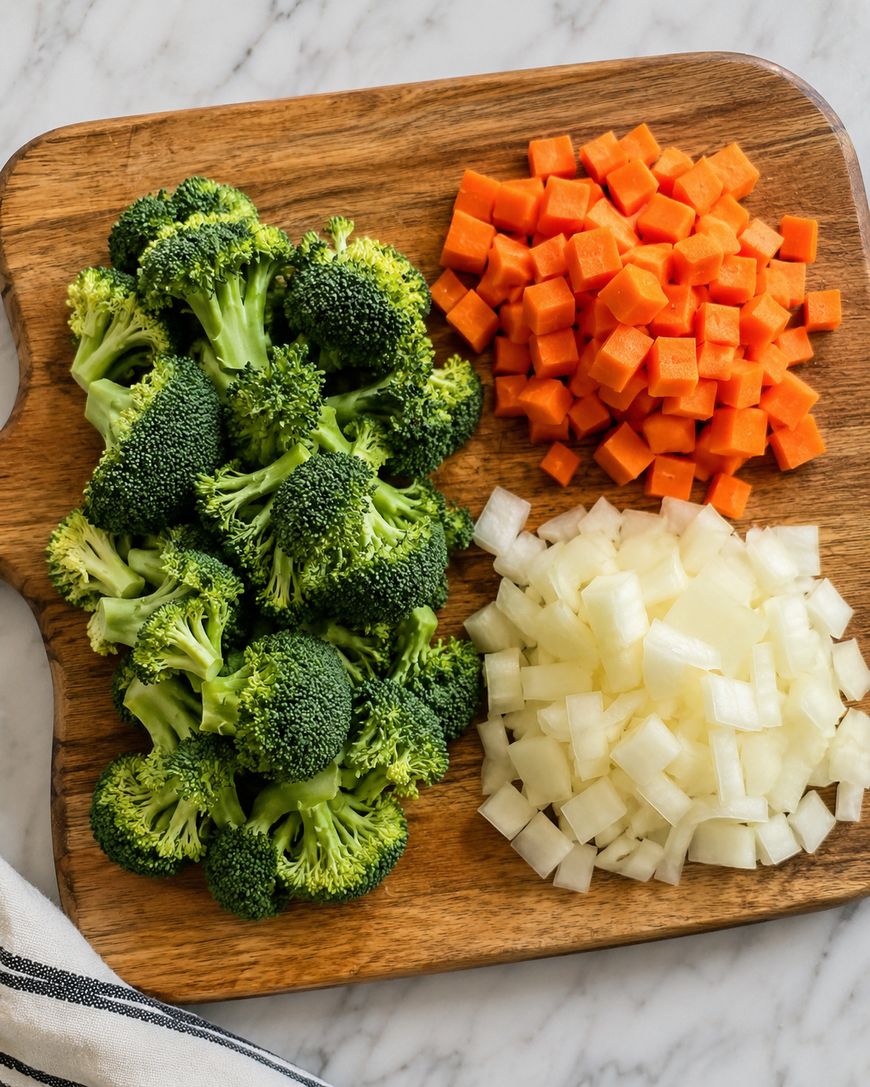 Chopped broccoli, diced carrots, and diced onions are arranged in separate piles on a wooden cutting board on a marble countertop.