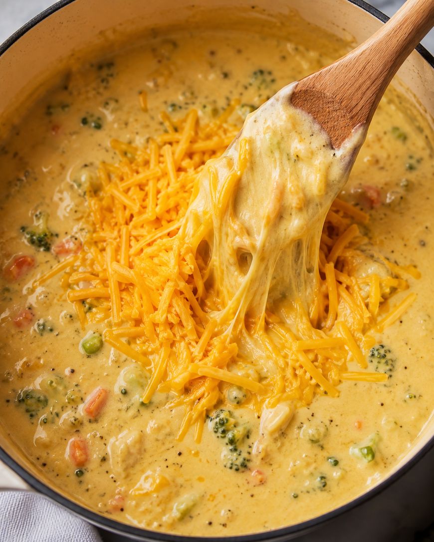 A wooden spoon stirs a creamy, cheesy broccoli soup topped with shredded cheddar, with melted cheese stretching from the spoon.