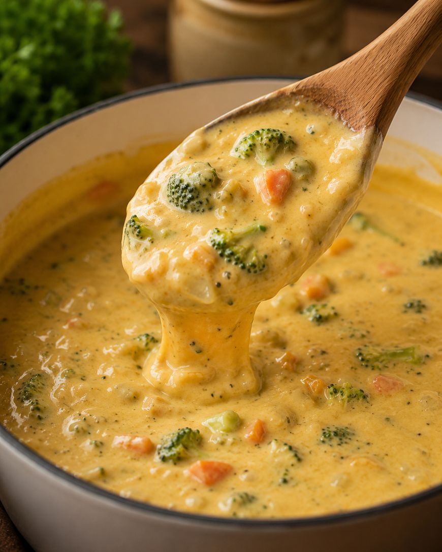 A wooden spoon lifts creamy broccoli cheese soup with visible broccoli florets and carrot pieces from a pot filled with the thick, cheesy mixture.