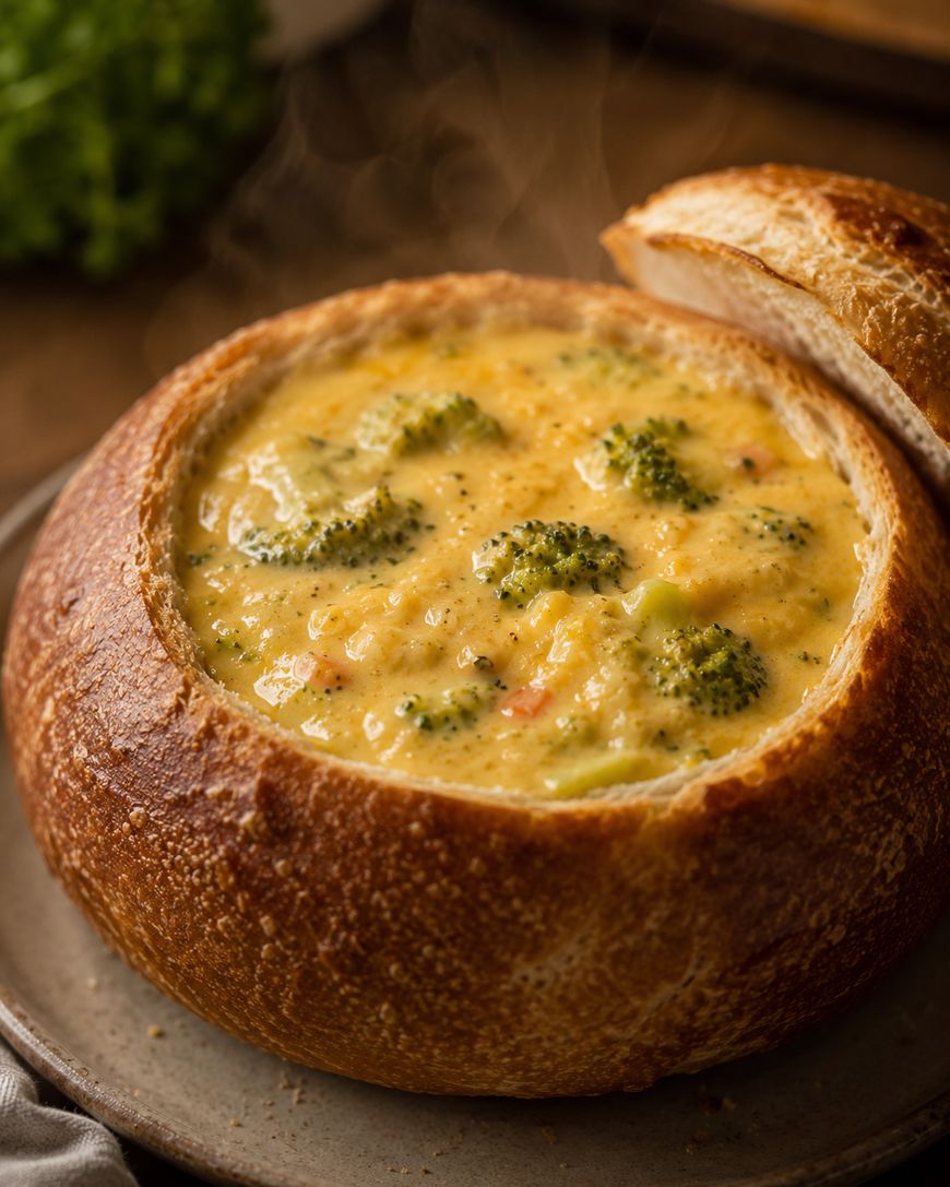 Cheesy broccoli soup served in a round bread bowl, with the bread top resting beside it. Steam rises from the creamy soup, showing it is hot and fresh.