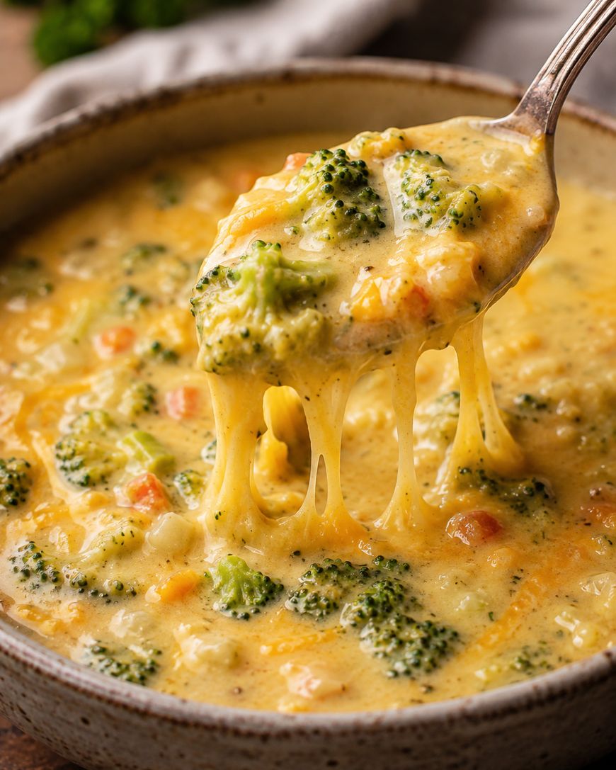 A spoon lifts a cheesy broccoli and vegetable soup from a bowl, with melted cheese stretching and visible chunks of broccoli, carrots, and creamy broth.