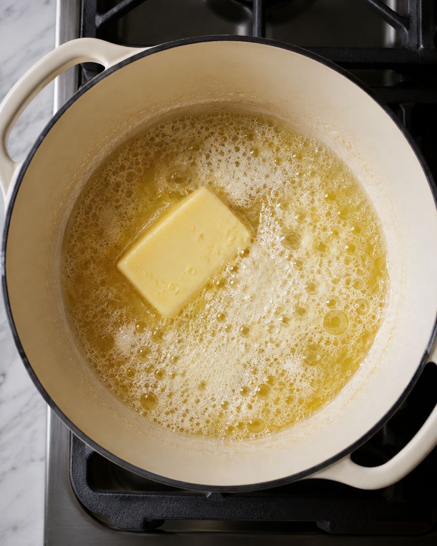 A stick of butter melting and bubbling in a white enameled pot on a stove, viewed from above.