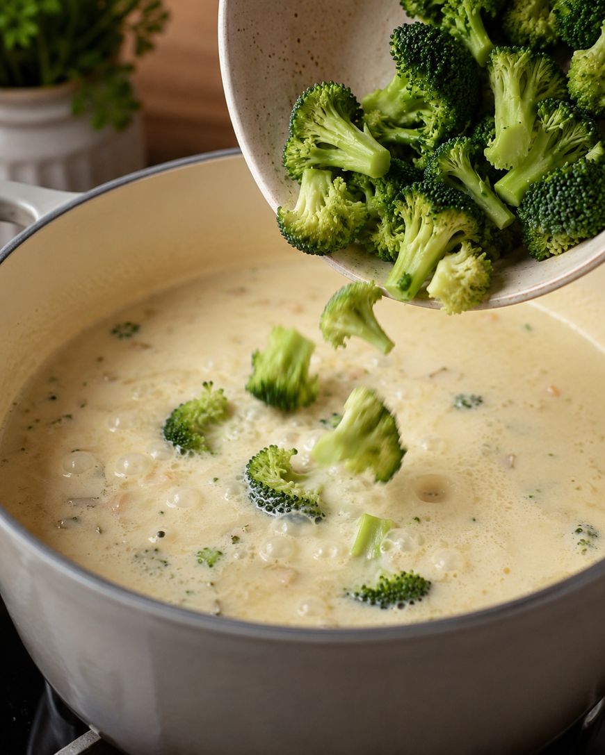 Broccoli florets being added to a pot of creamy soup on a stove, with steam rising from the bubbling mixture.