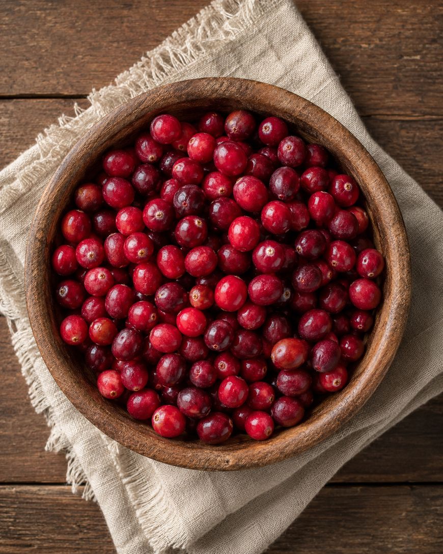 A wooden bowl filled with fresh red cranberries sits on a folded beige cloth atop a rustic wooden table.